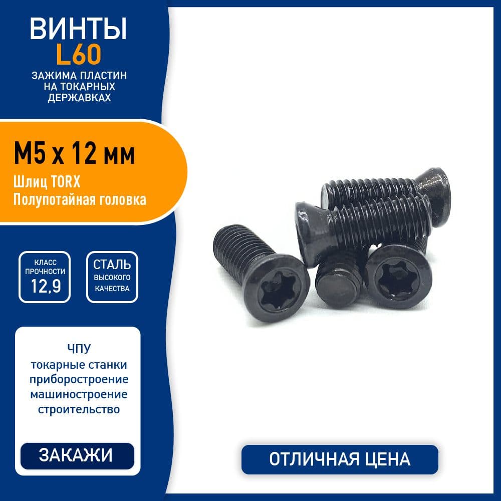 Винт L60 M5 x 12 мм для зажима пластин на токарных державках, сталь класса 12.9, черный - 5 шт.